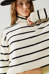 Pull rayé crème noir à col montant
