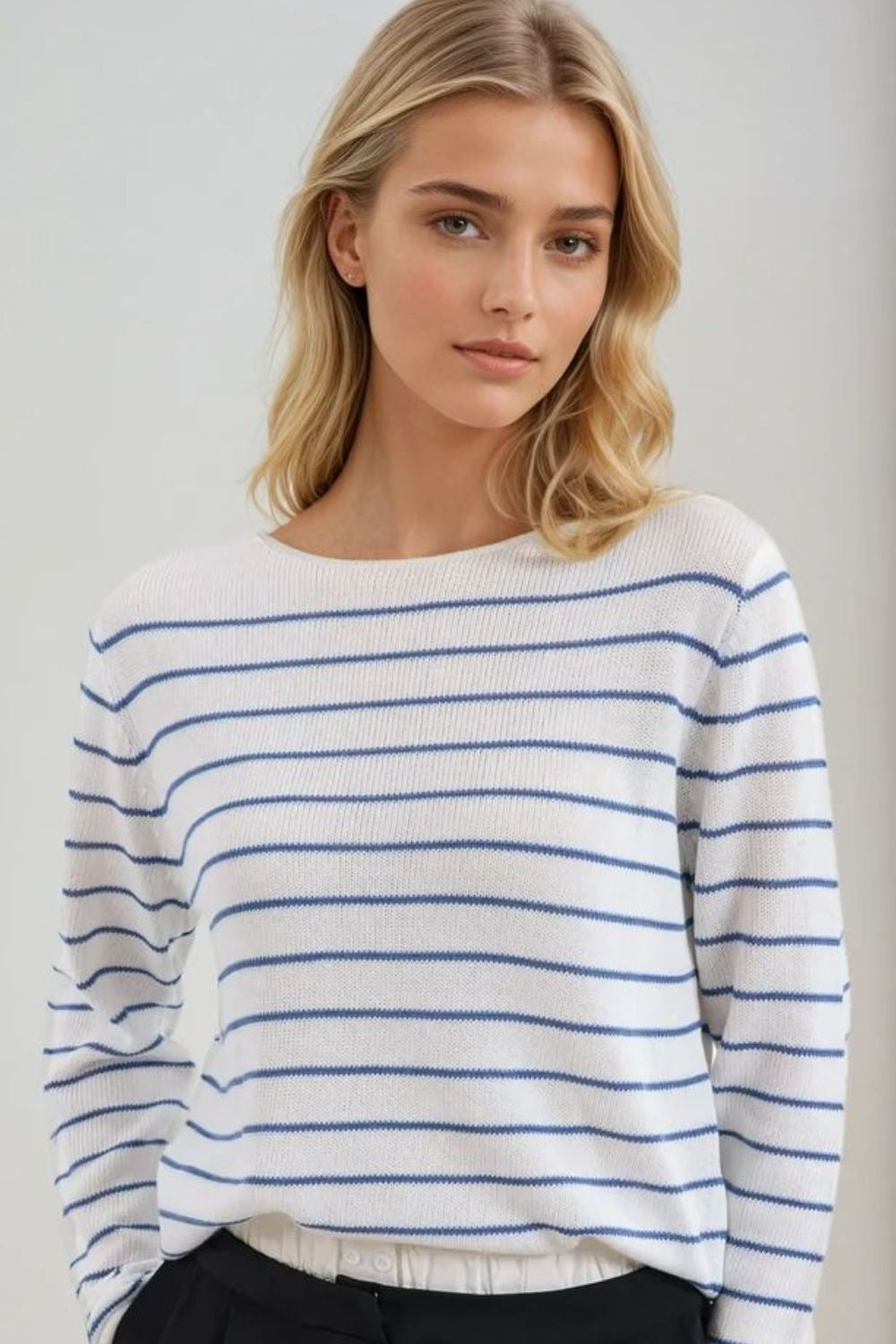 Cream sweater with blue stripes made of fine knit - Jumpers