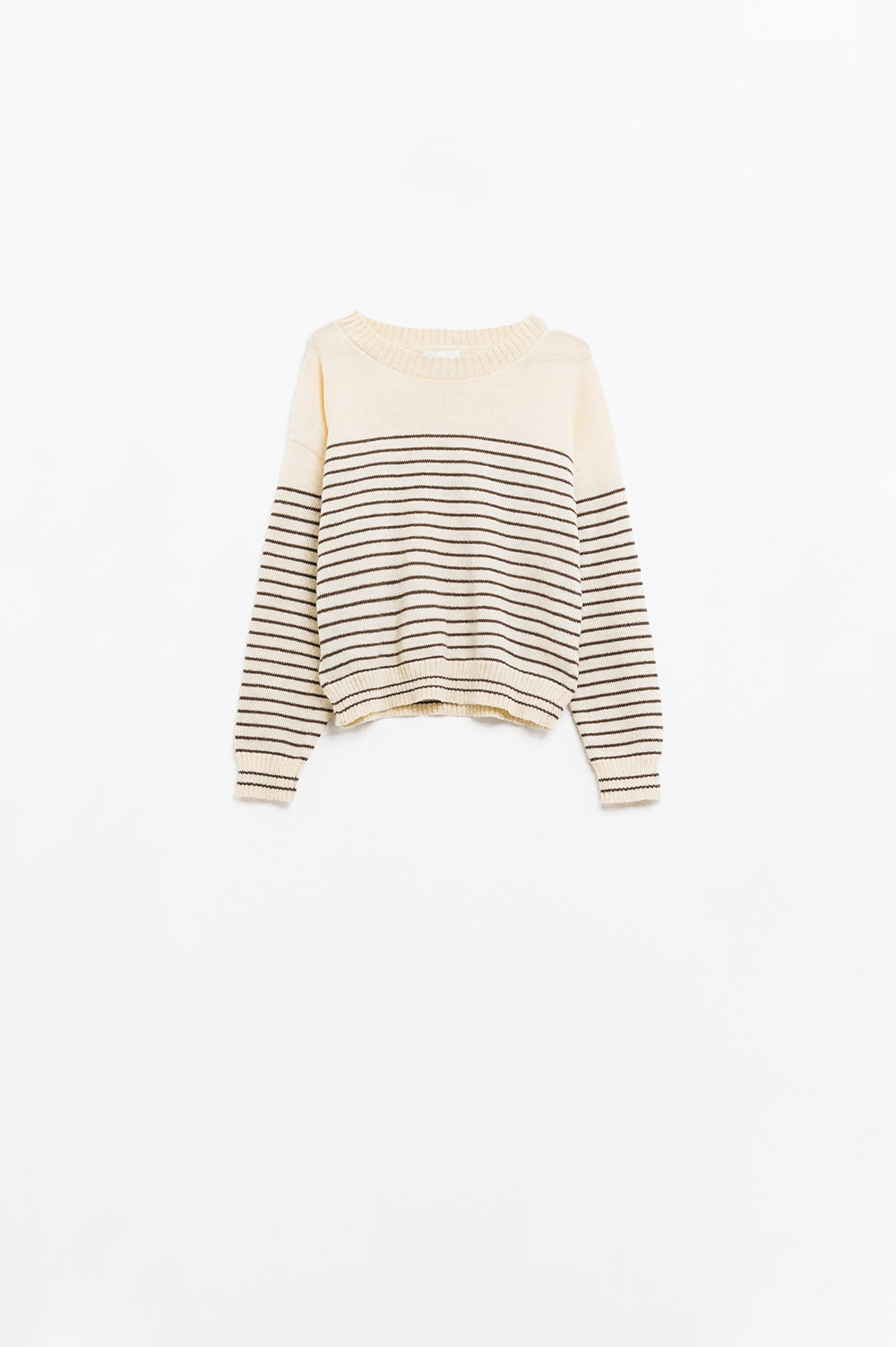 Cream sweater with brown stripes and boat neck - Sweaters