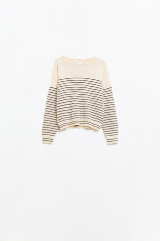 Cream sweater with brown stripes and boat neck