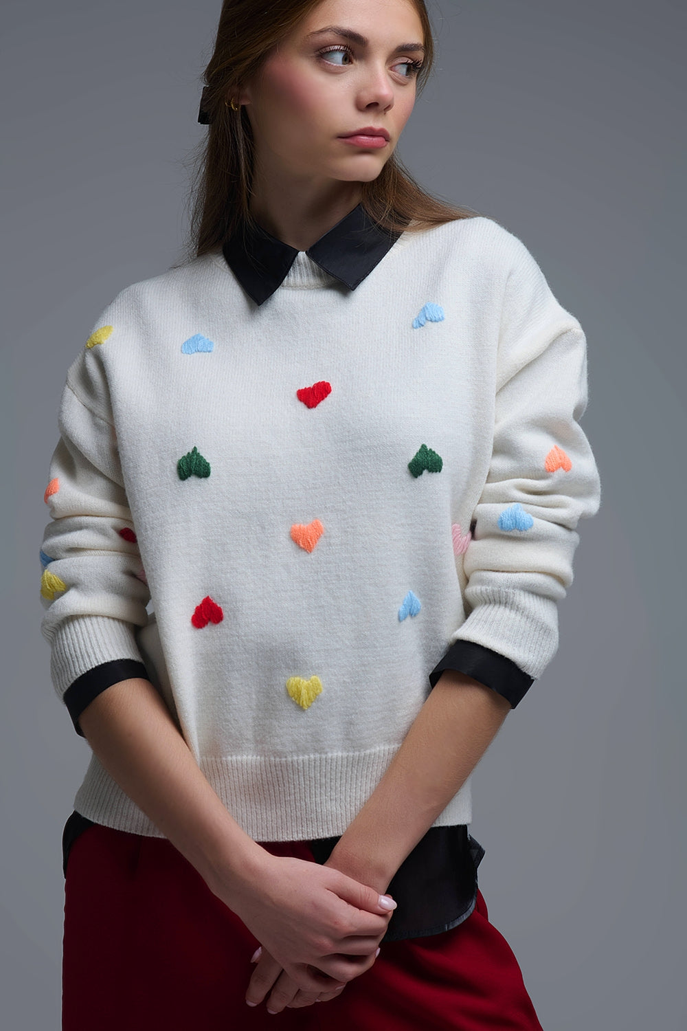 Cream Sweater With Multicolor Embroidered Hearts - Sweaters
