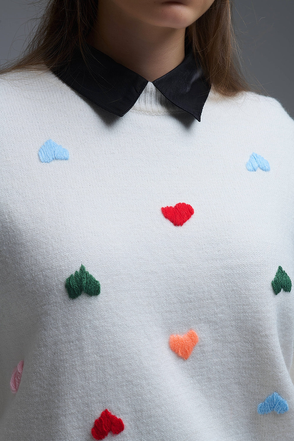 Cream Sweater With Multicolor Embroidered Hearts - Sweaters