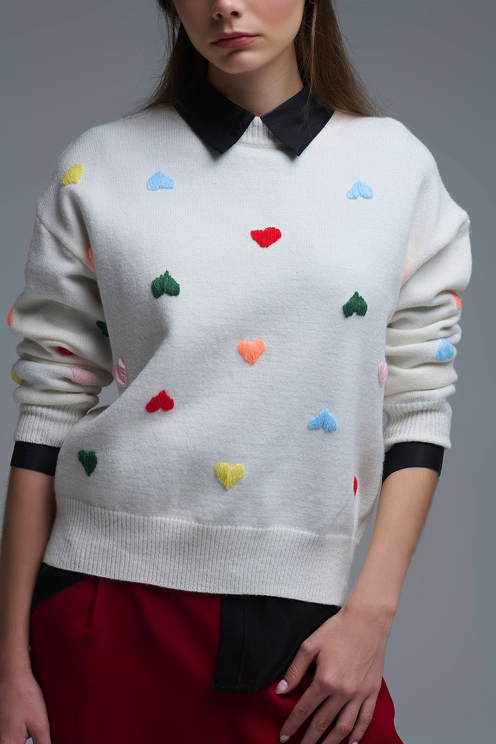 Cream Sweater With Multicolor Embroidered Hearts - Sweaters