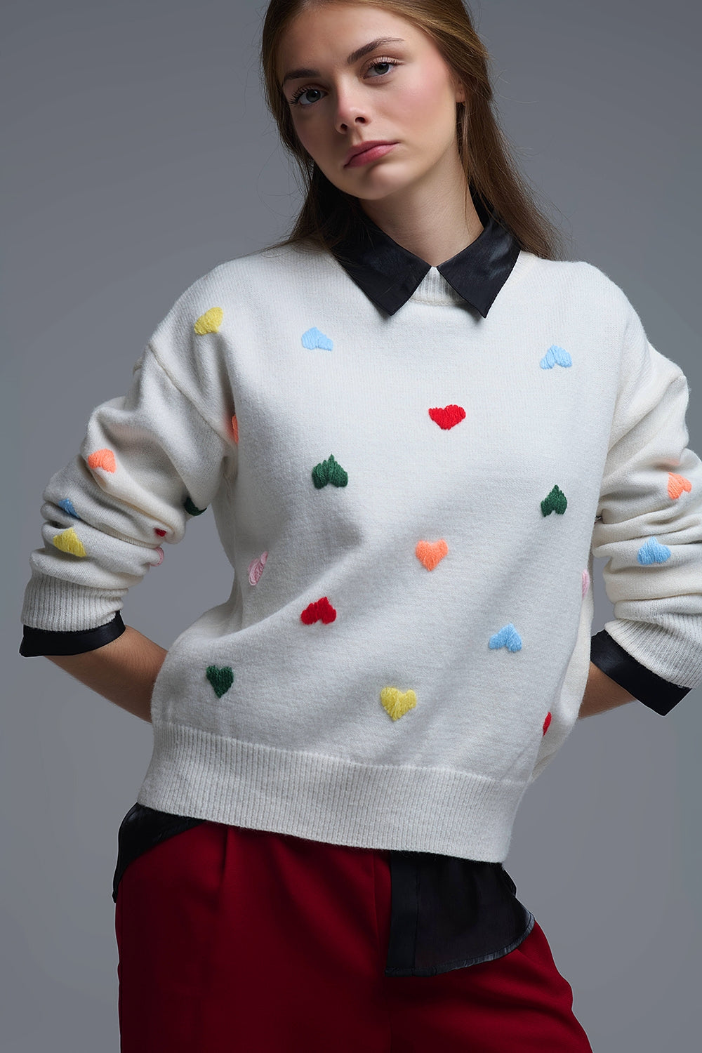 Cream Sweater With Multicolor Embroidered Hearts - Sweaters