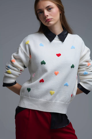 Cream Sweater With Multicolor Embroidered Hearts