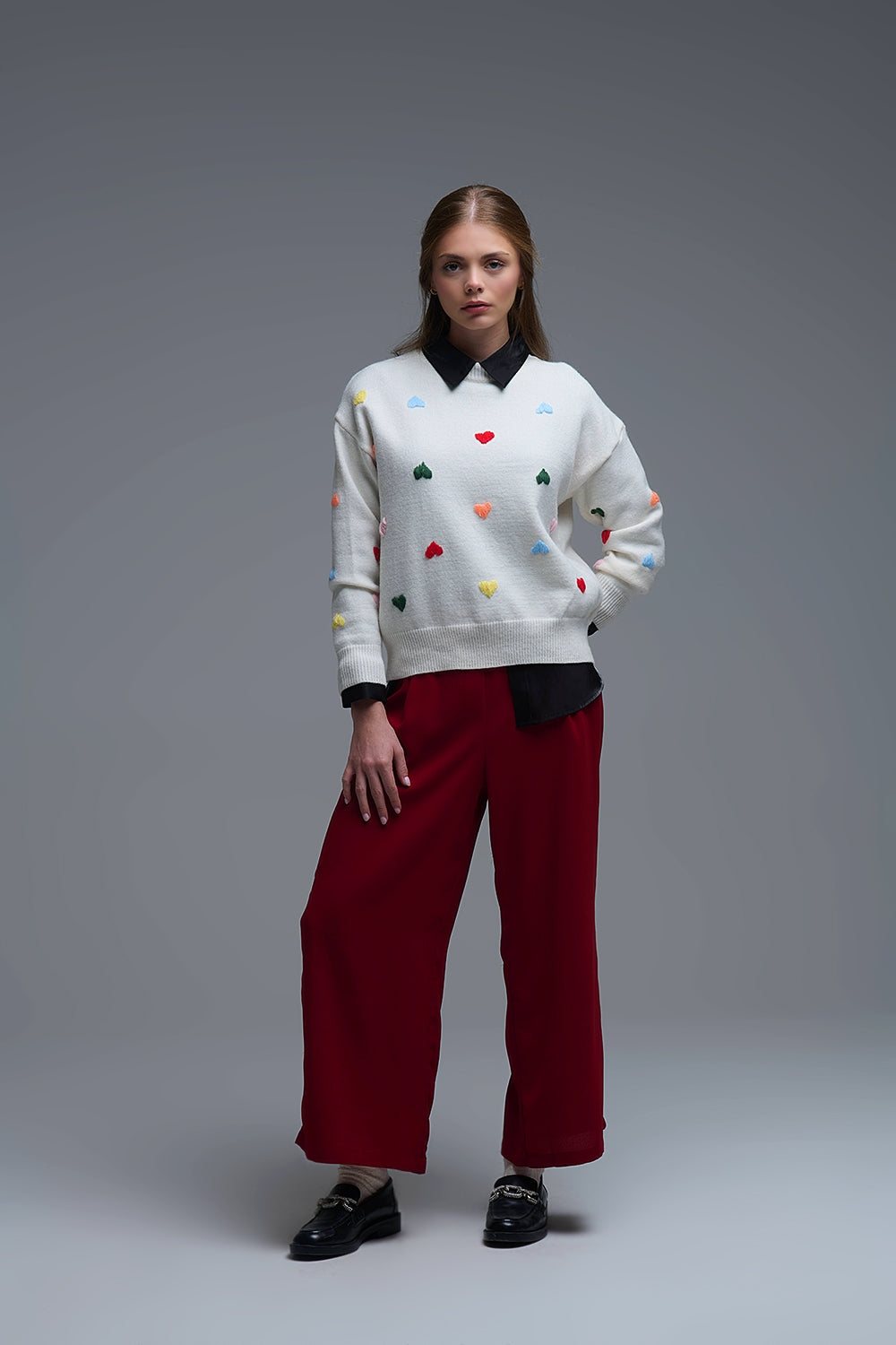 Cream Sweater With Multicolor Embroidered Hearts - Sweaters