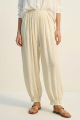 Cream Textured High-Waist Balloon Pants with Buttoned Cuffs