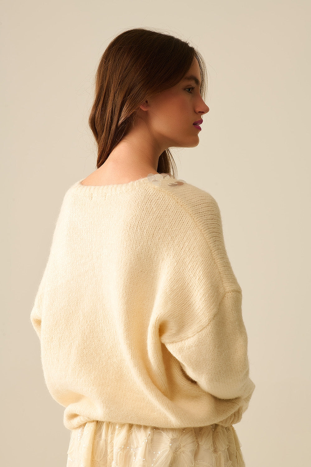 Cream V-neck sweater with sequin detail - Jumpers