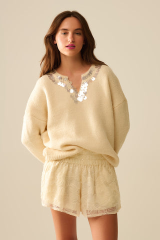Cream V-neck sweater with sequin detail
