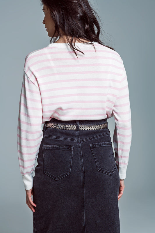 Crew Neck Basic Stripe Sweater in pink - Jumpers
