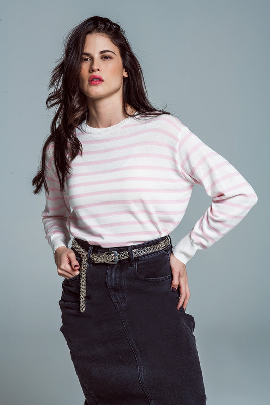 Crew Neck Basic Stripe Sweater in pink - Jumpers