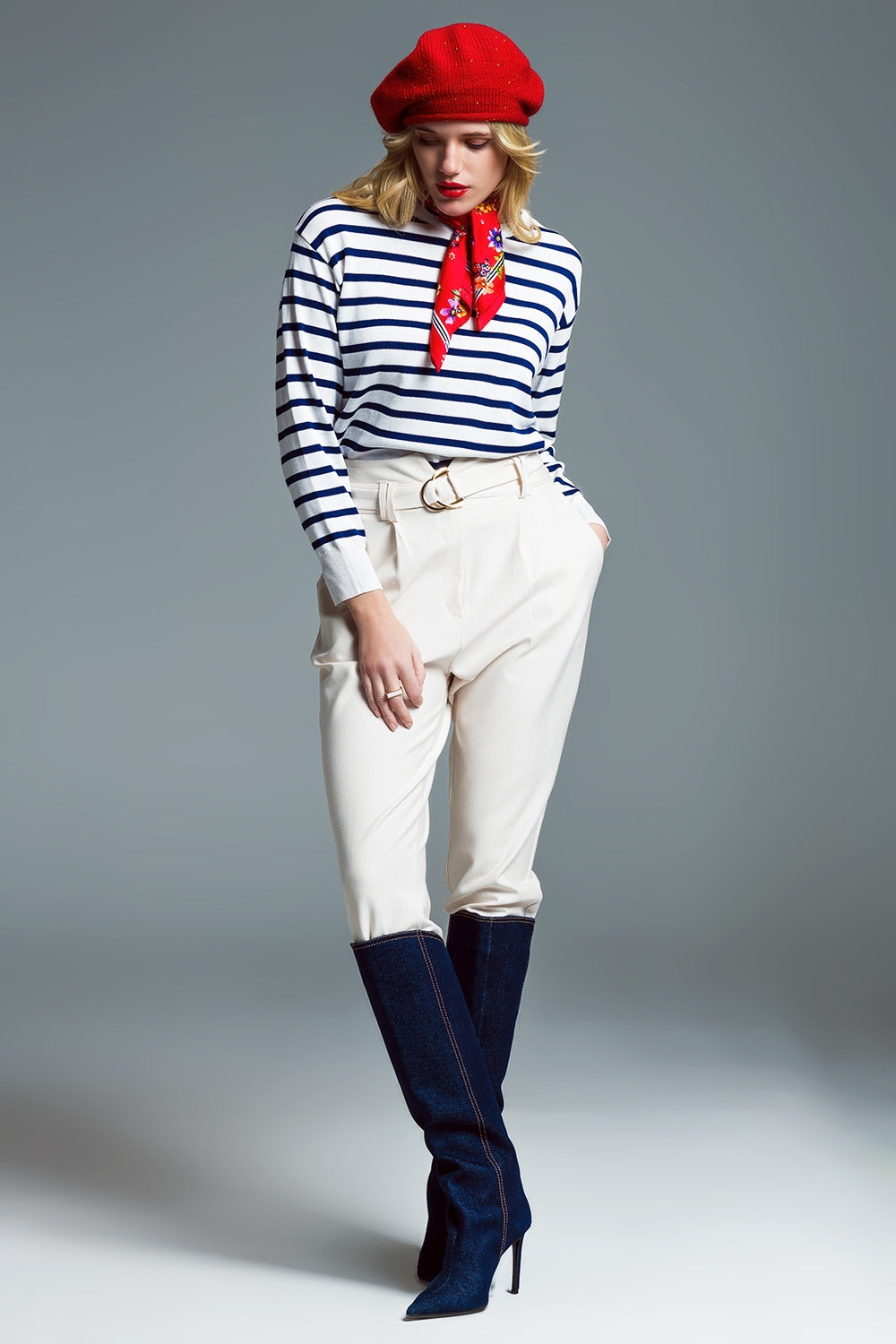 Crew Neck Basic Stripe Sweater in White and Navy - Jumpers