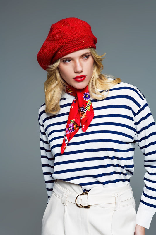 Crew Neck Basic Stripe Sweater in White and Navy - Jumpers