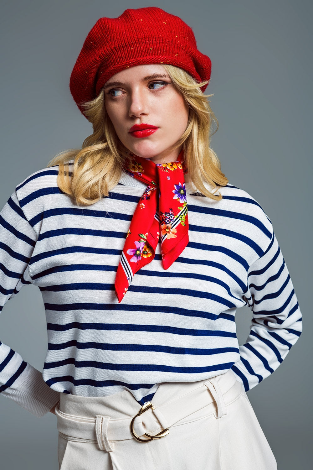 Crew Neck Basic Stripe Sweater in White and Navy - Jumpers