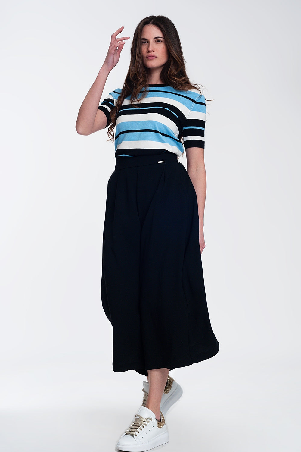 Crew neck boxy jumper with multi stripes in blue - Jumpers