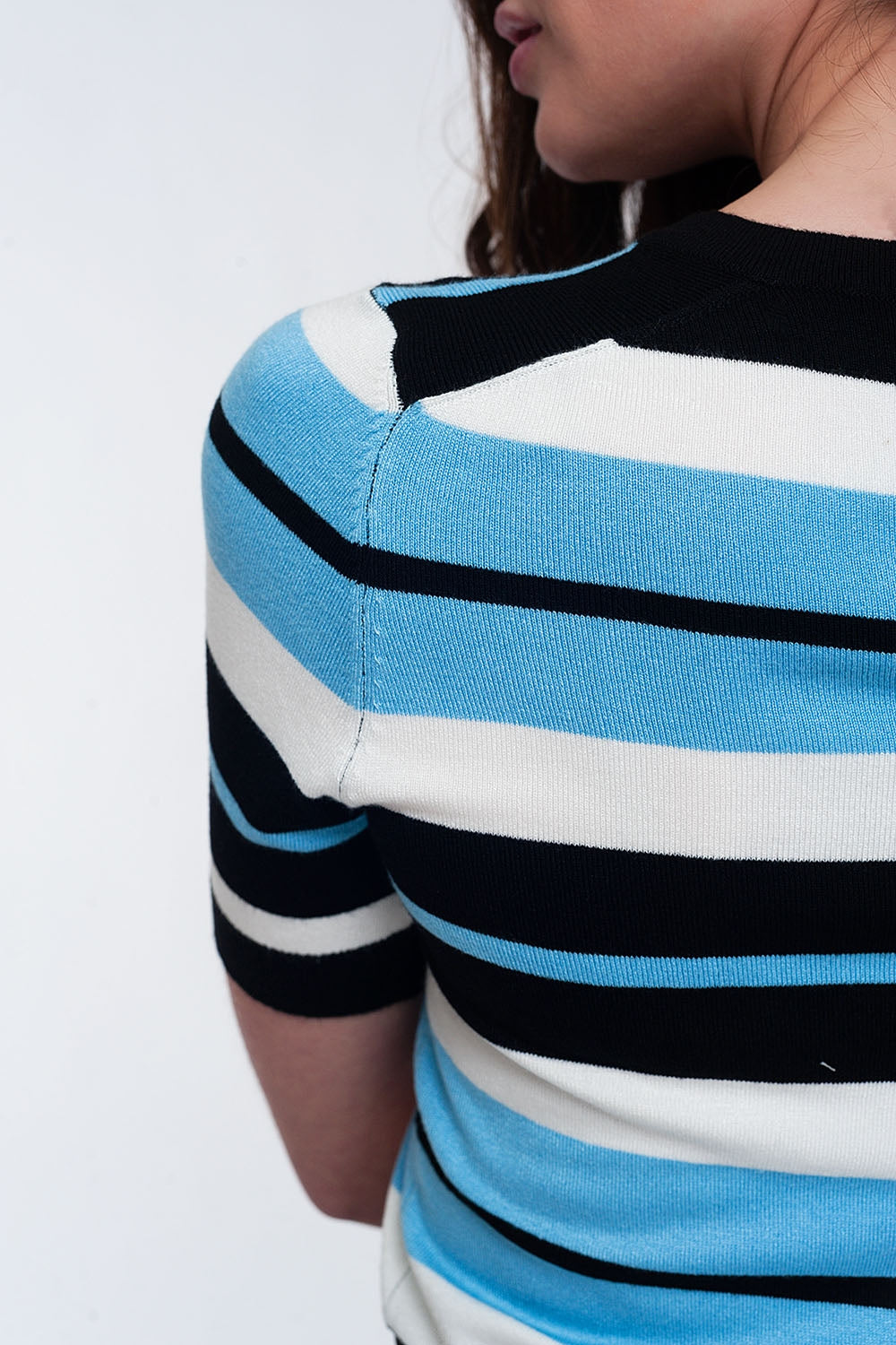 Crew neck boxy jumper with multi stripes in blue - Jumpers