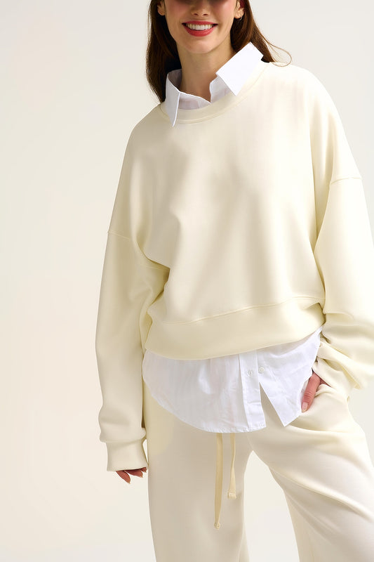 Crew Neck Dropped Shoulder Basic Sweatshirt in Cream - Sweaters