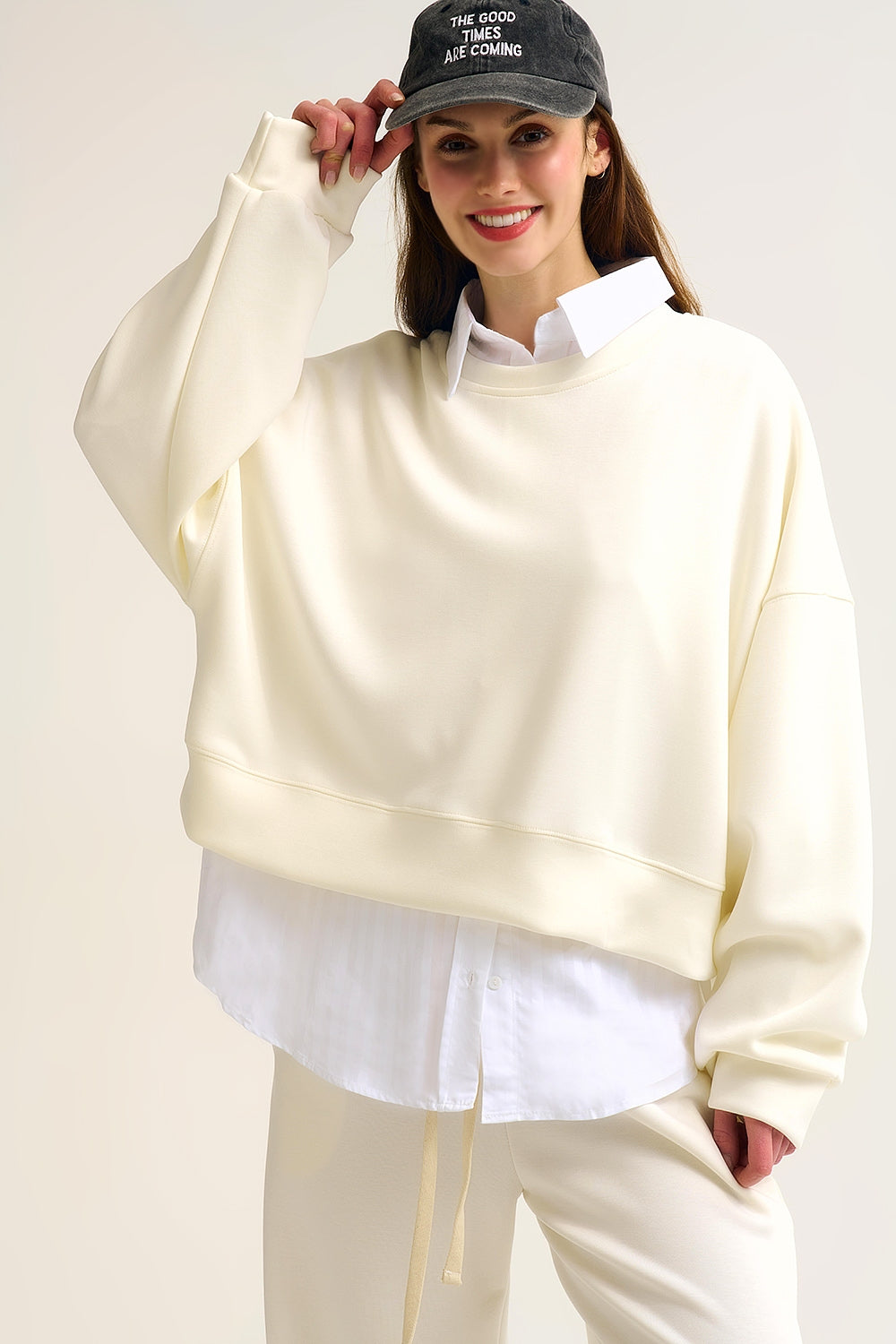 Crew Neck Dropped Shoulder Basic Sweatshirt in Cream - Sweaters