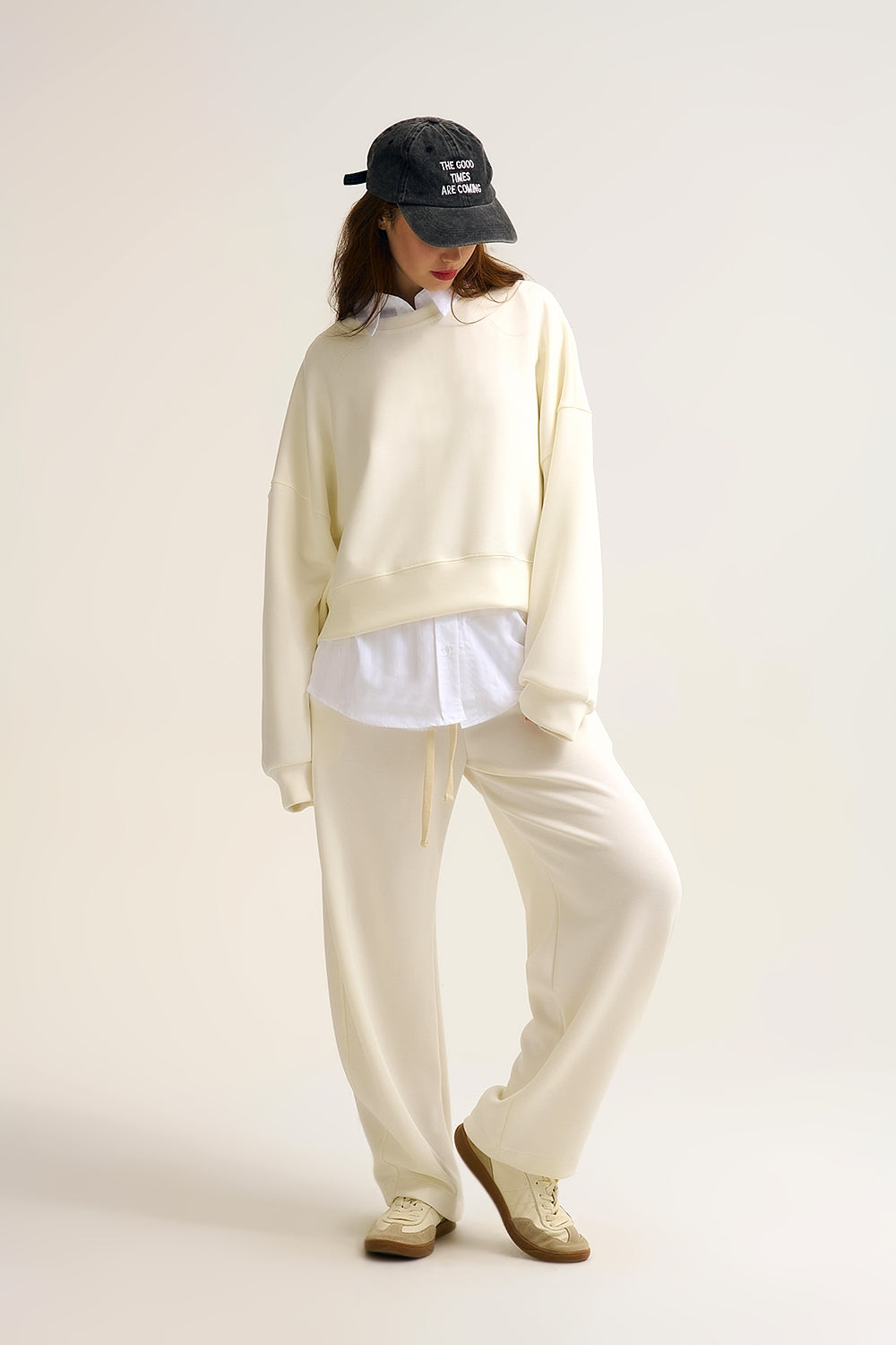 Crew Neck Dropped Shoulder Basic Sweatshirt in Cream - Sweaters