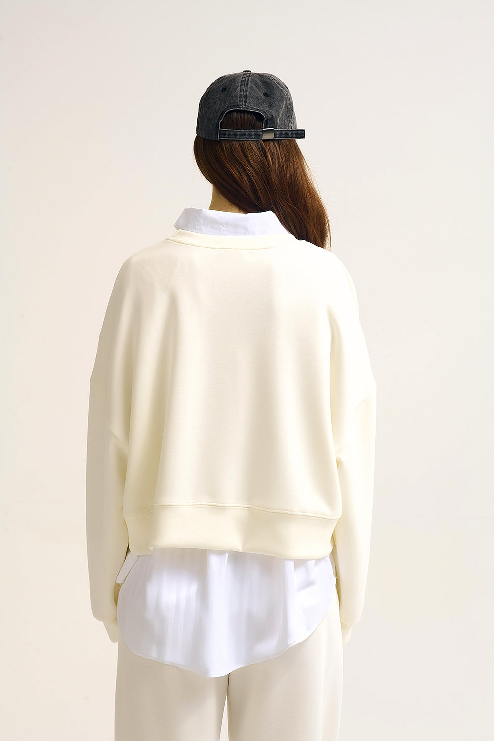 Crew Neck Dropped Shoulder Basic Sweatshirt in Cream - Sweaters
