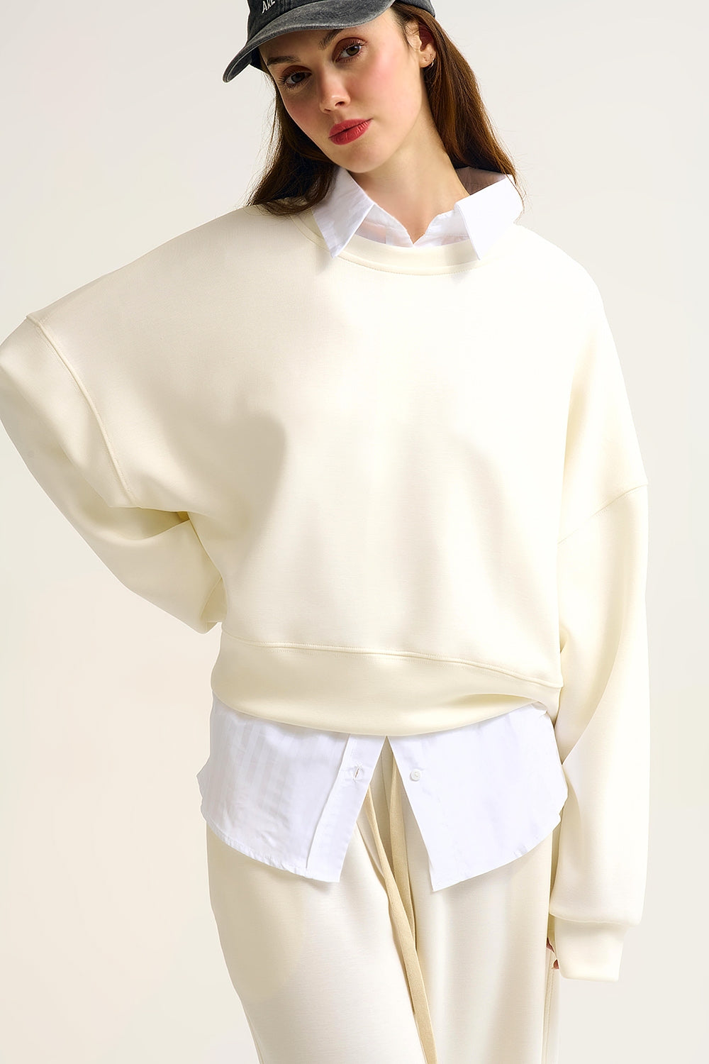 Crew Neck Dropped Shoulder Basic Sweatshirt in Cream - Sweaters
