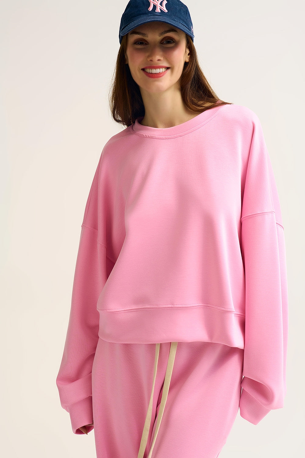 Crew Neck Dropped Shoulder Basic Sweatshirt in Pink - Sweaters