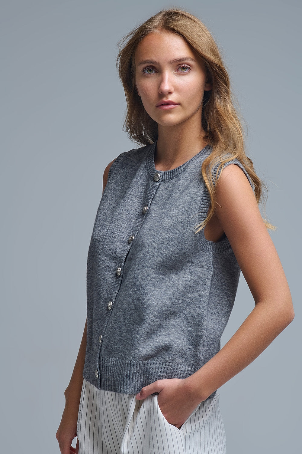 Crew Neck Metallic Button knitted Vest In Grey - Sweaters