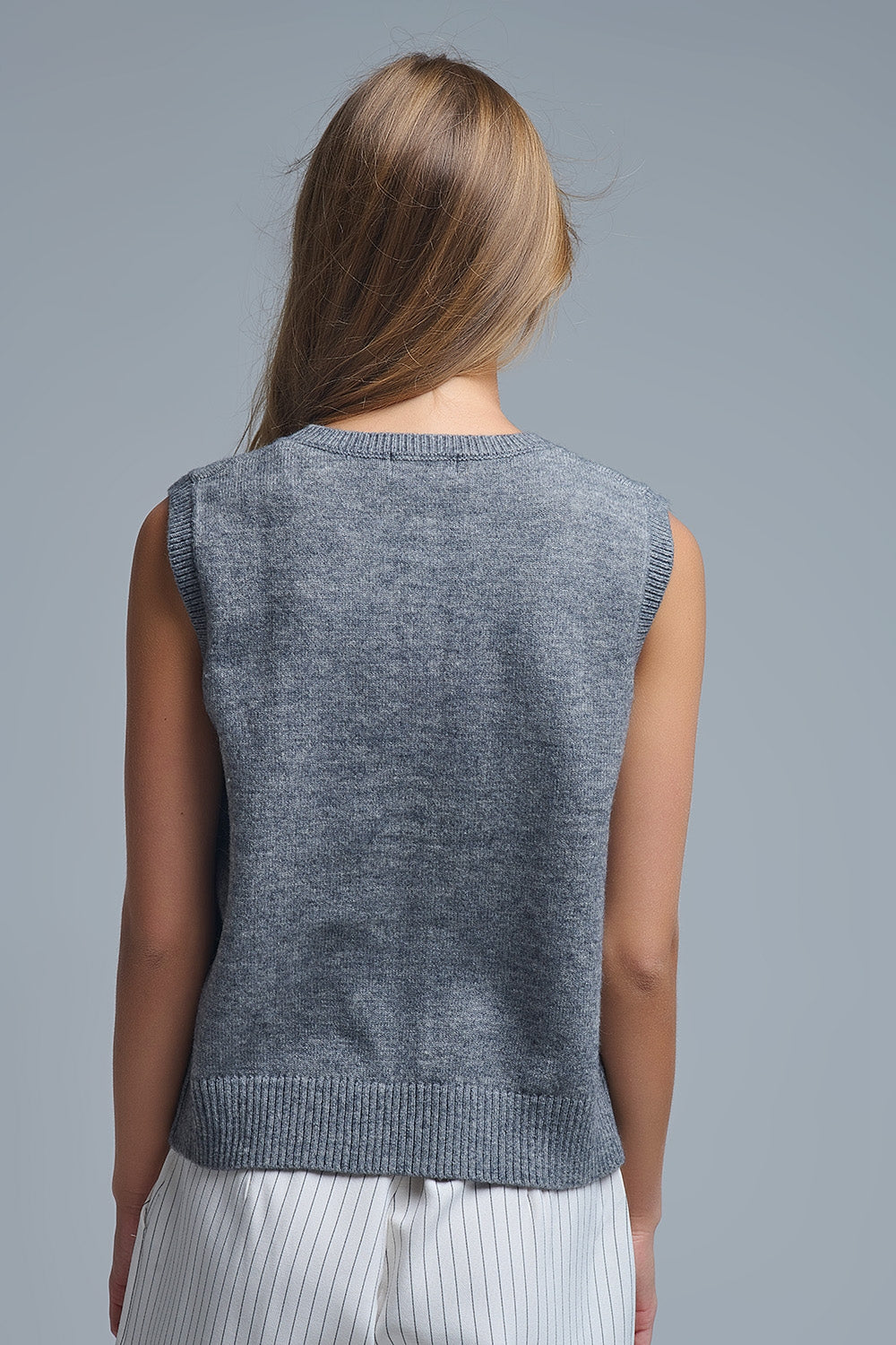 Crew Neck Metallic Button knitted Vest In Grey - Sweaters