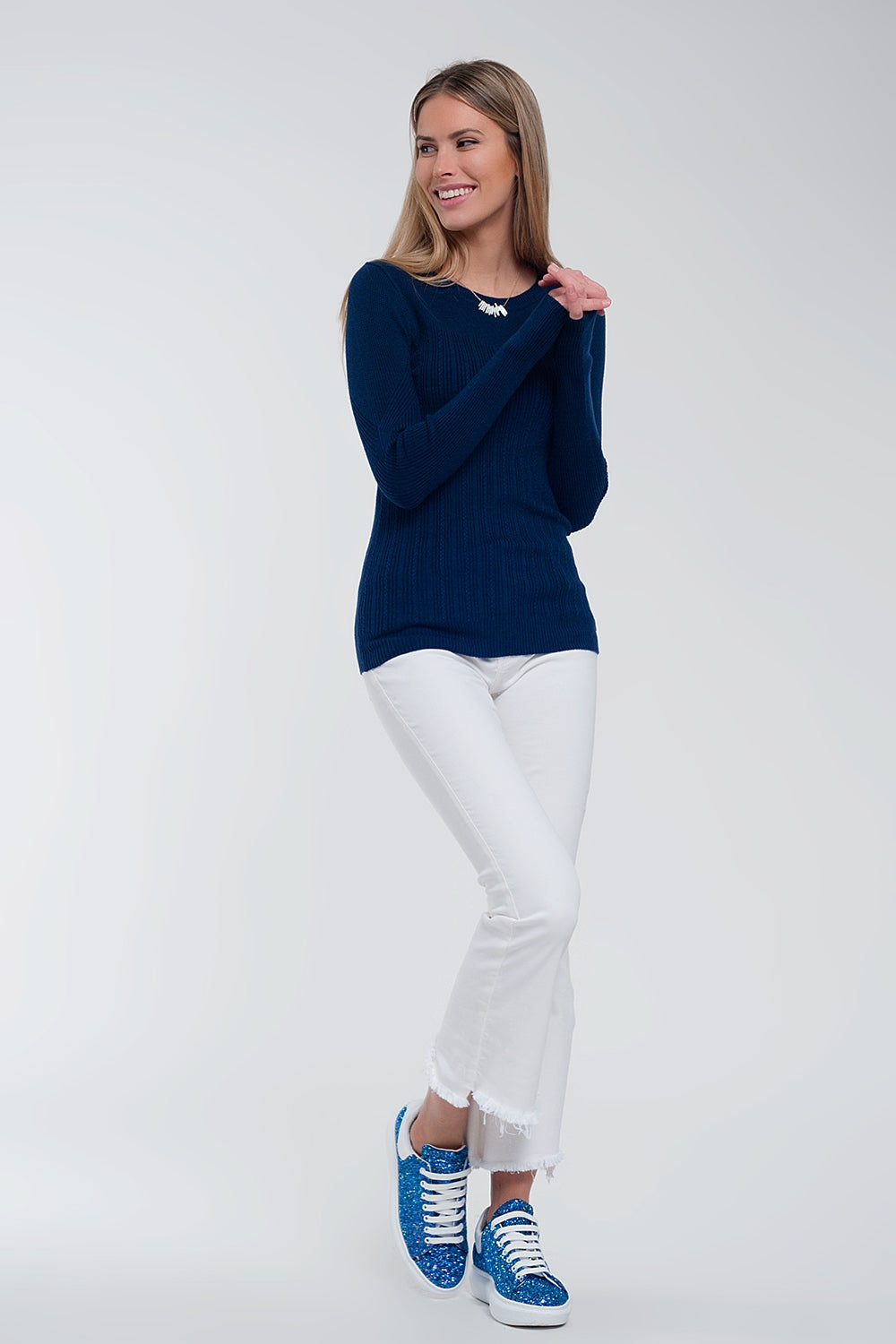 Crew neck ribbed sweater in navy - Jumpers