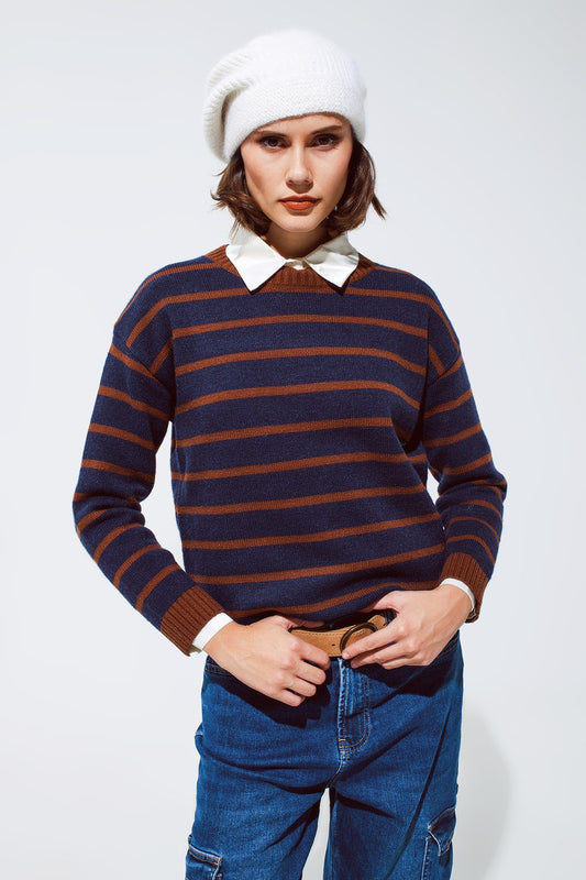 Crew Neck Stripy Sweater in Navy and Rust Orange - Jumpers