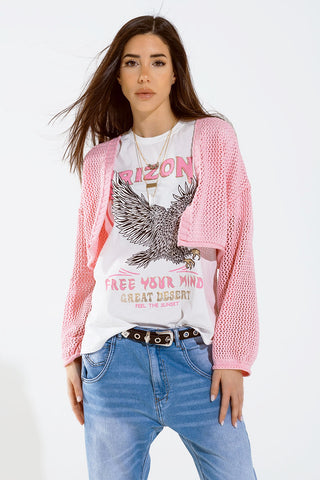 Crochet basic cropped cardigan in baby pink