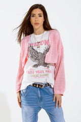 Cardigan básico cropped de crochê rosa bebê