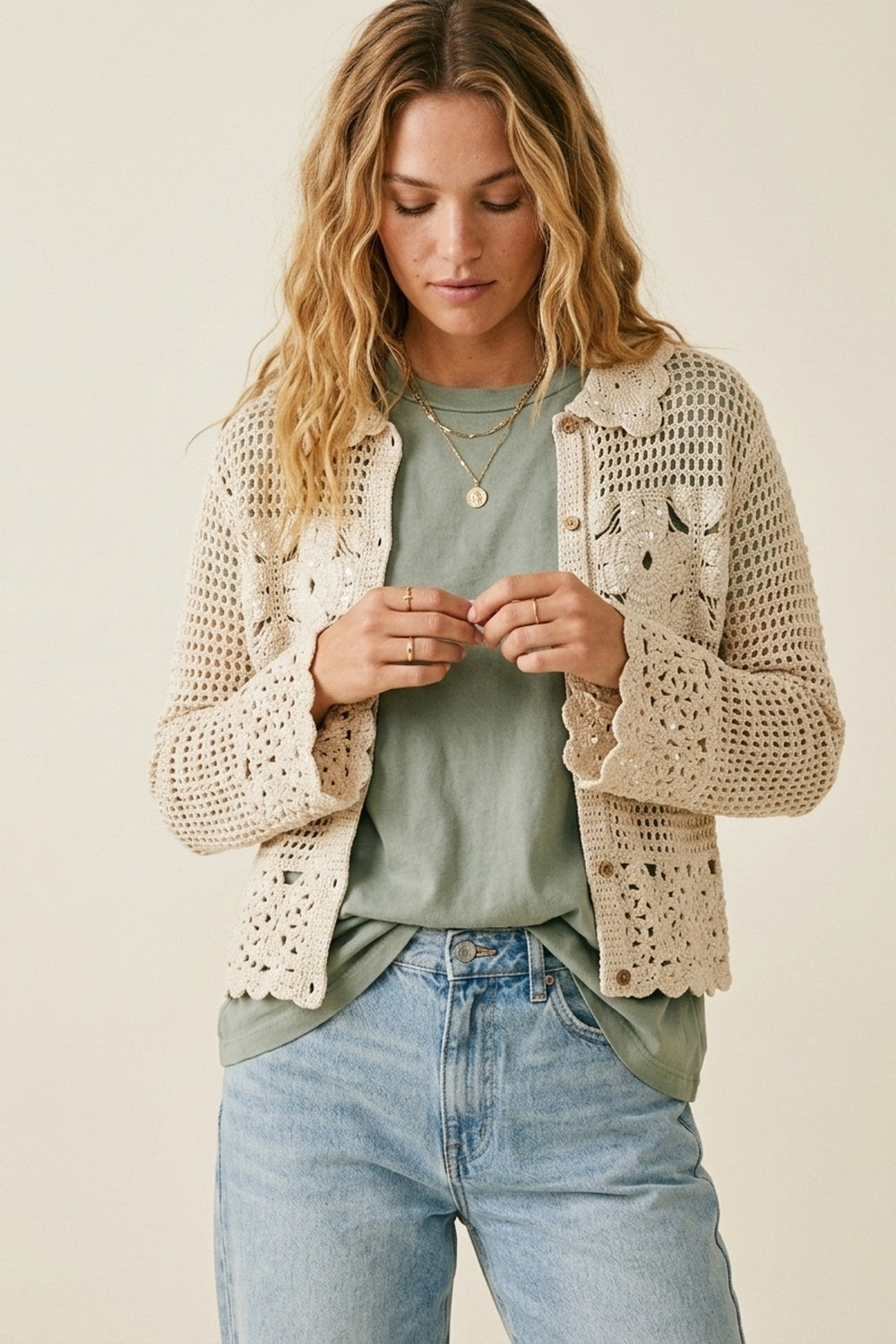Crochet Cardigan With Flower Knit in Cream - Sweaters
