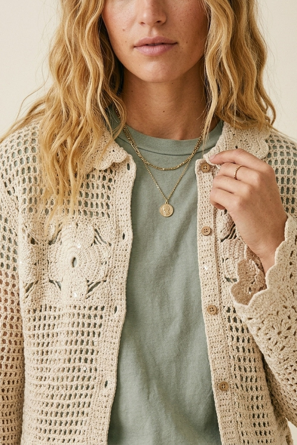 Crochet Cardigan With Flower Knit in Cream - Sweaters