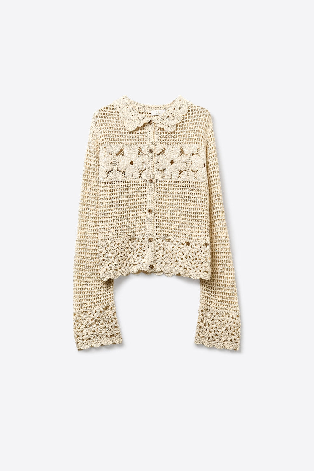 Crochet Cardigan With Flower Knit in Cream - Sweaters
