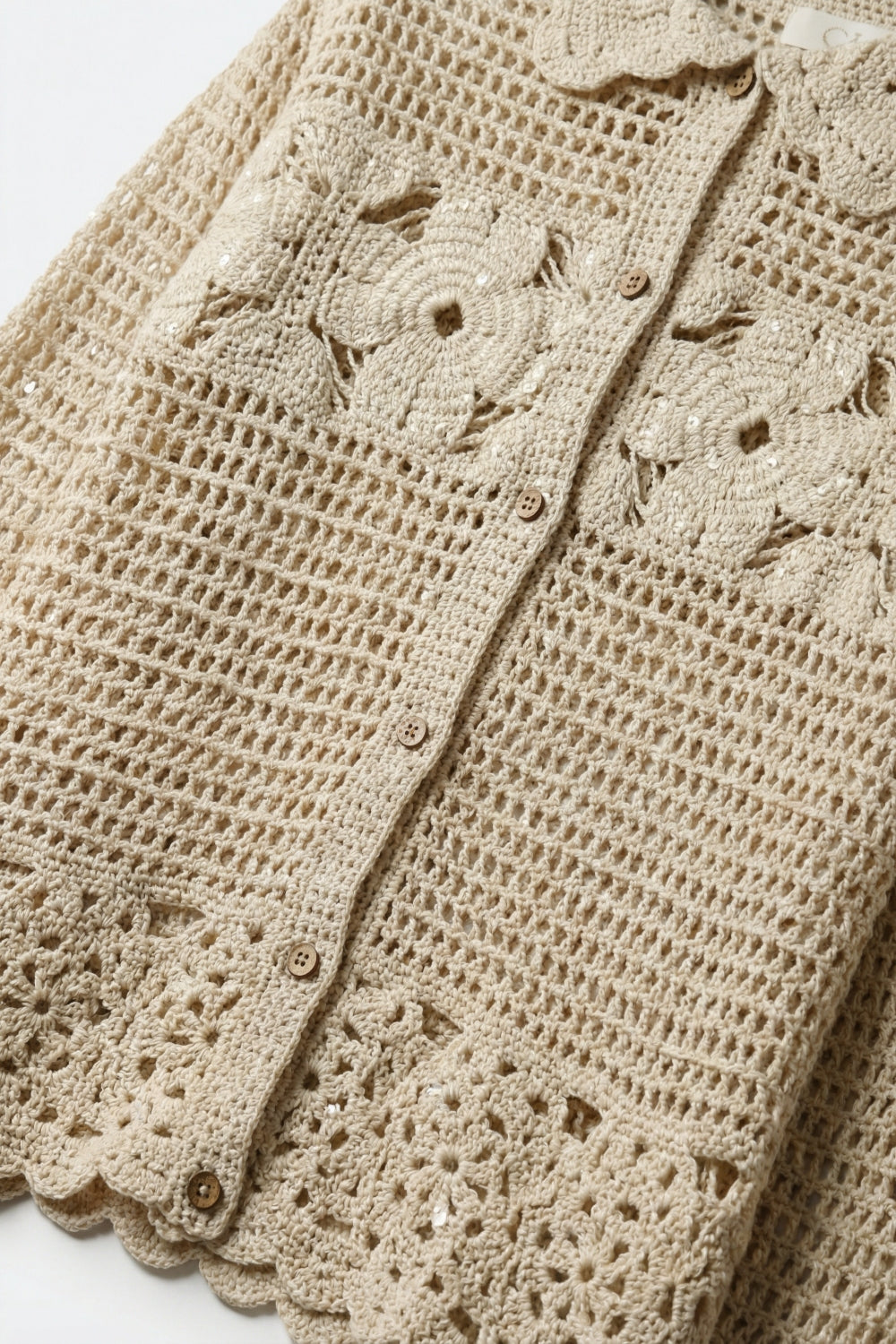 Crochet Cardigan With Flower Knit in Cream - Sweaters