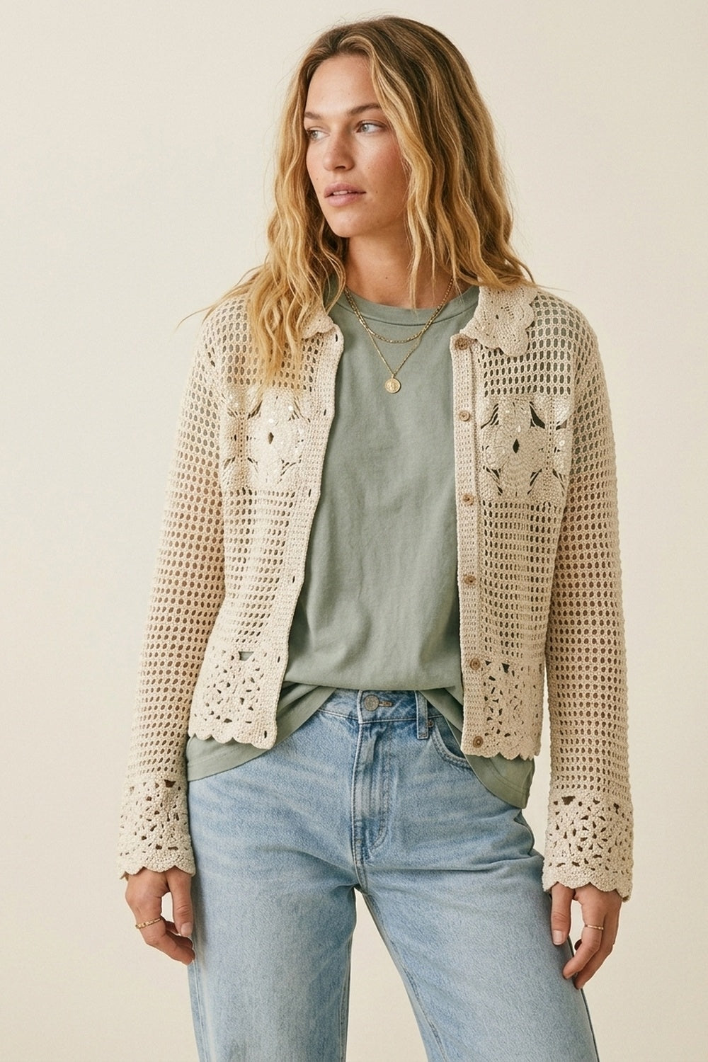 Crochet Cardigan With Flower Knit in Cream - Sweaters