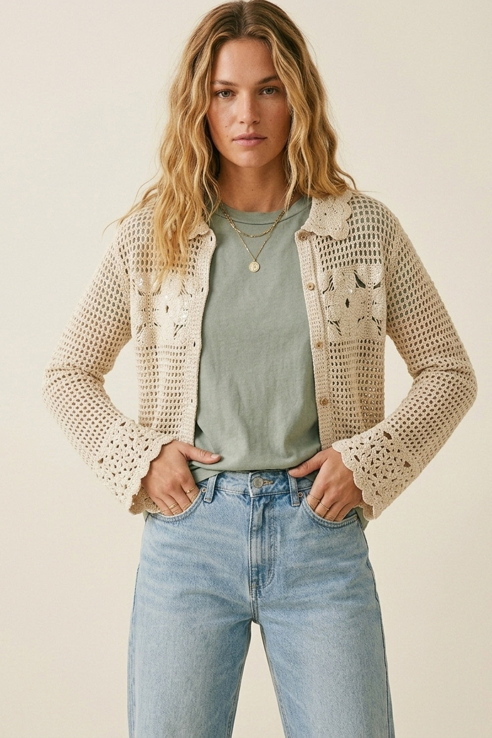 Crochet Cardigan With Flower Knit in Cream - Sweaters