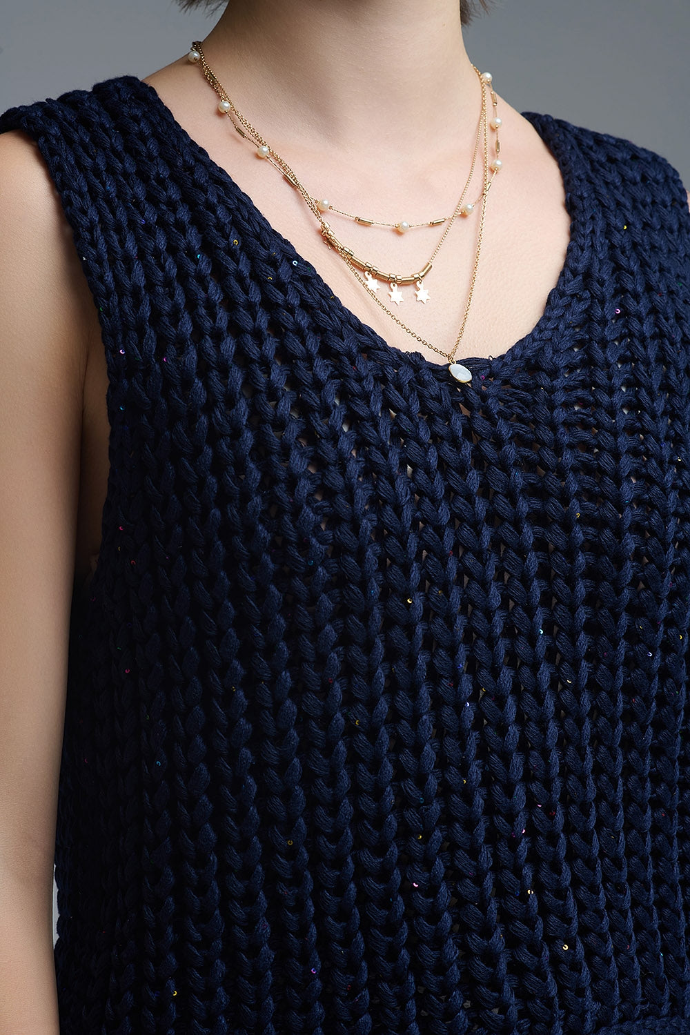 Crochet Cropped Vest in Navy With sequins Thread - Sweaters