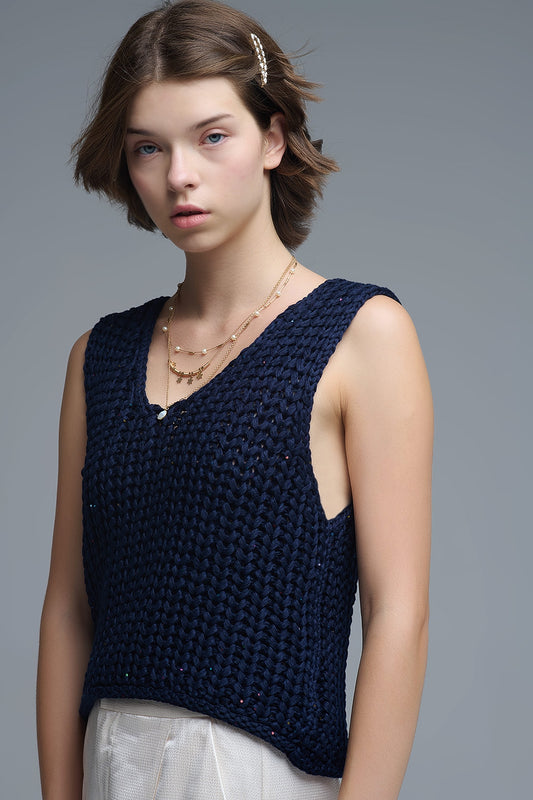 Crochet Cropped Vest in Navy With sequins Thread - Sweaters