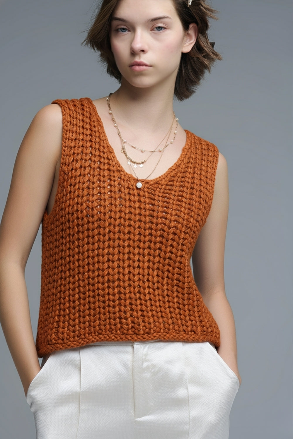 Crochet Cropped Vest in orange With sequins Thread - Sweaters