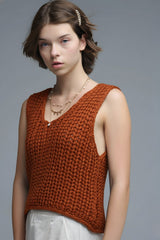 Crochet Cropped Vest in orange With sequins Thread