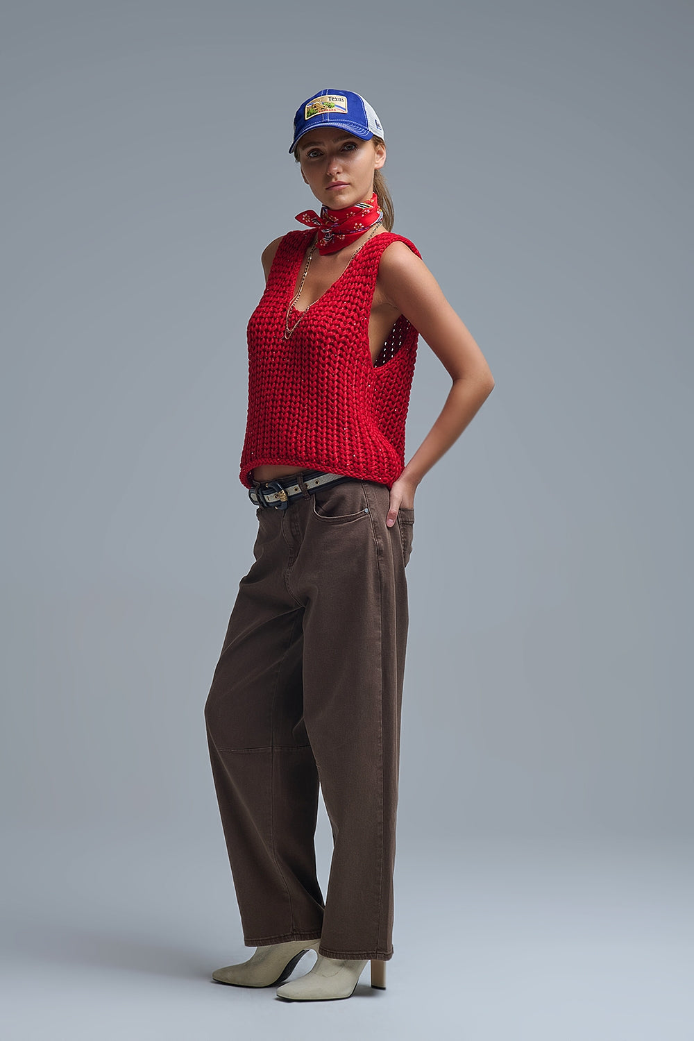 Crochet Cropped Vest in Red With sequins Thread - Sweaters