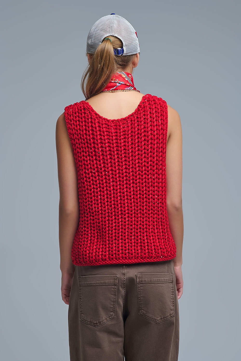Crochet Cropped Vest in Red With sequins Thread - Sweaters