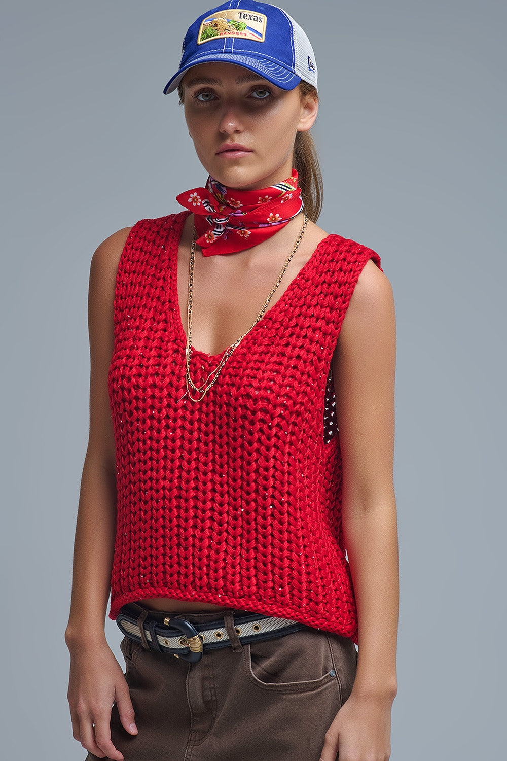 Crochet Cropped Vest in Red With sequins Thread - Sweaters