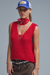Crochet Cropped Vest in Red With sequins Thread