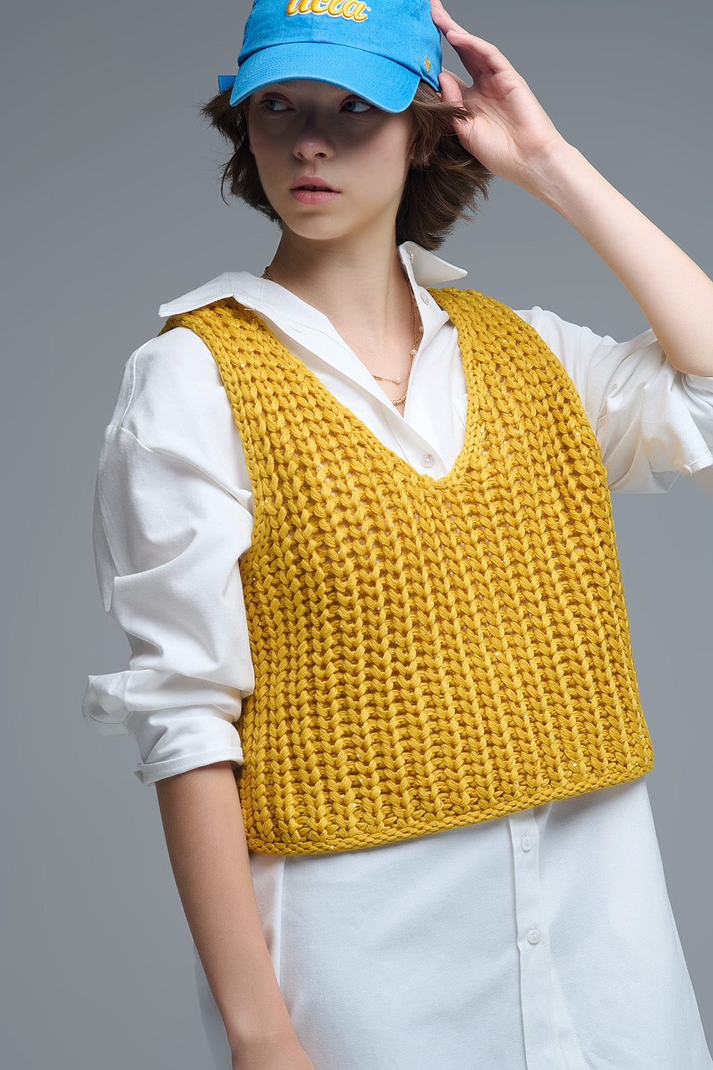 Crochet Cropped Vest in Yellow With sequins Thread - Sweaters