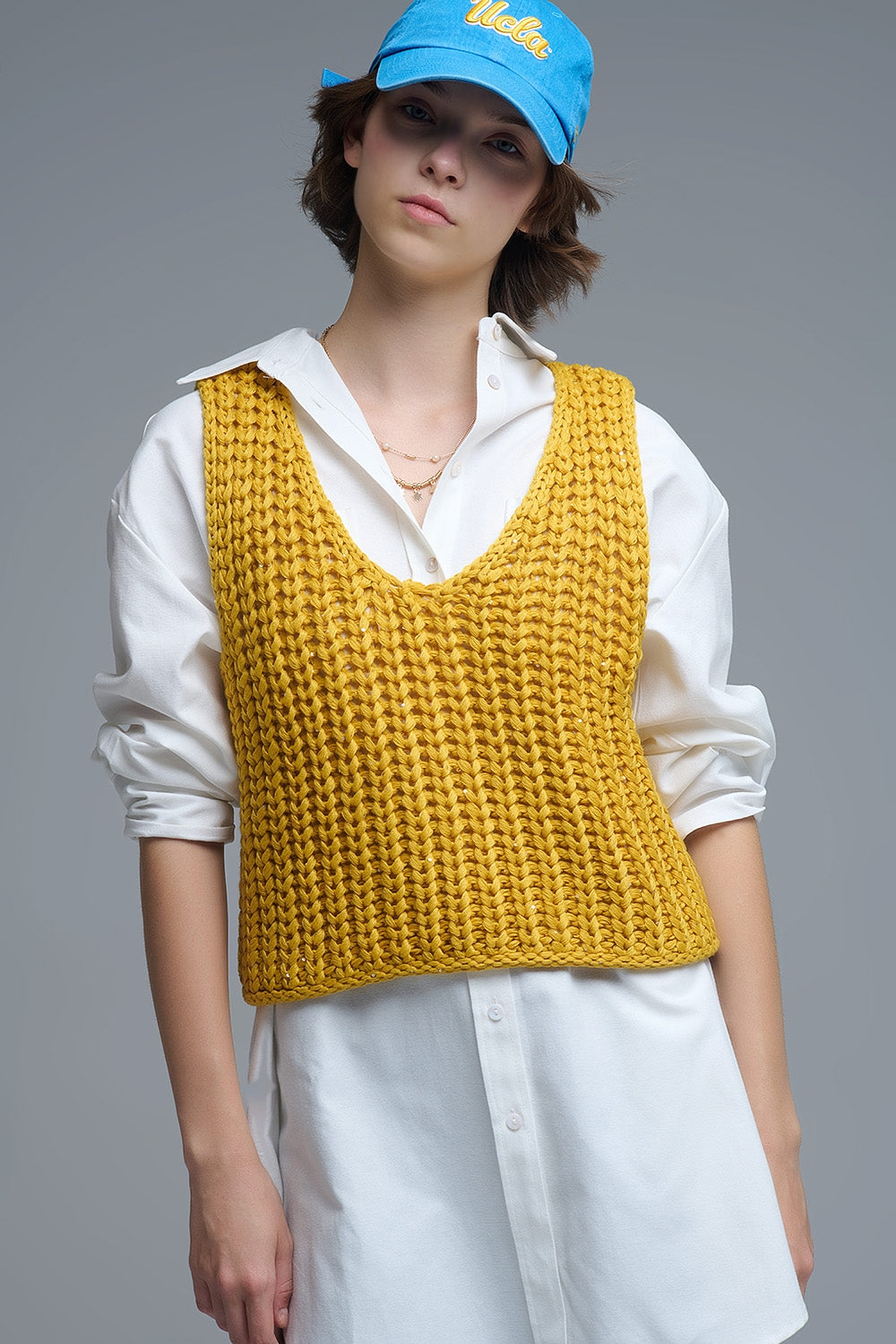 Crochet Cropped Vest in Yellow With sequins Thread - Sweaters