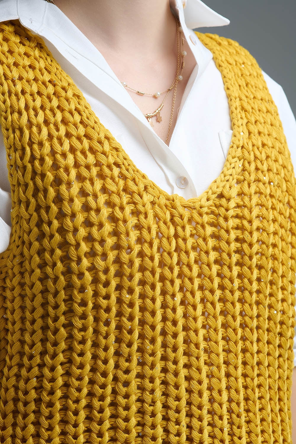 Crochet Cropped Vest in Yellow With sequins Thread - Sweaters