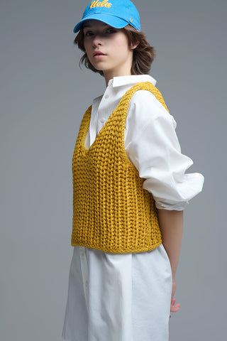 Crochet Cropped Vest in Yellow With sequins Thread